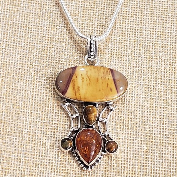 Jasper necklace, 925 silver mookaite jasper baltic amber pendant necklace